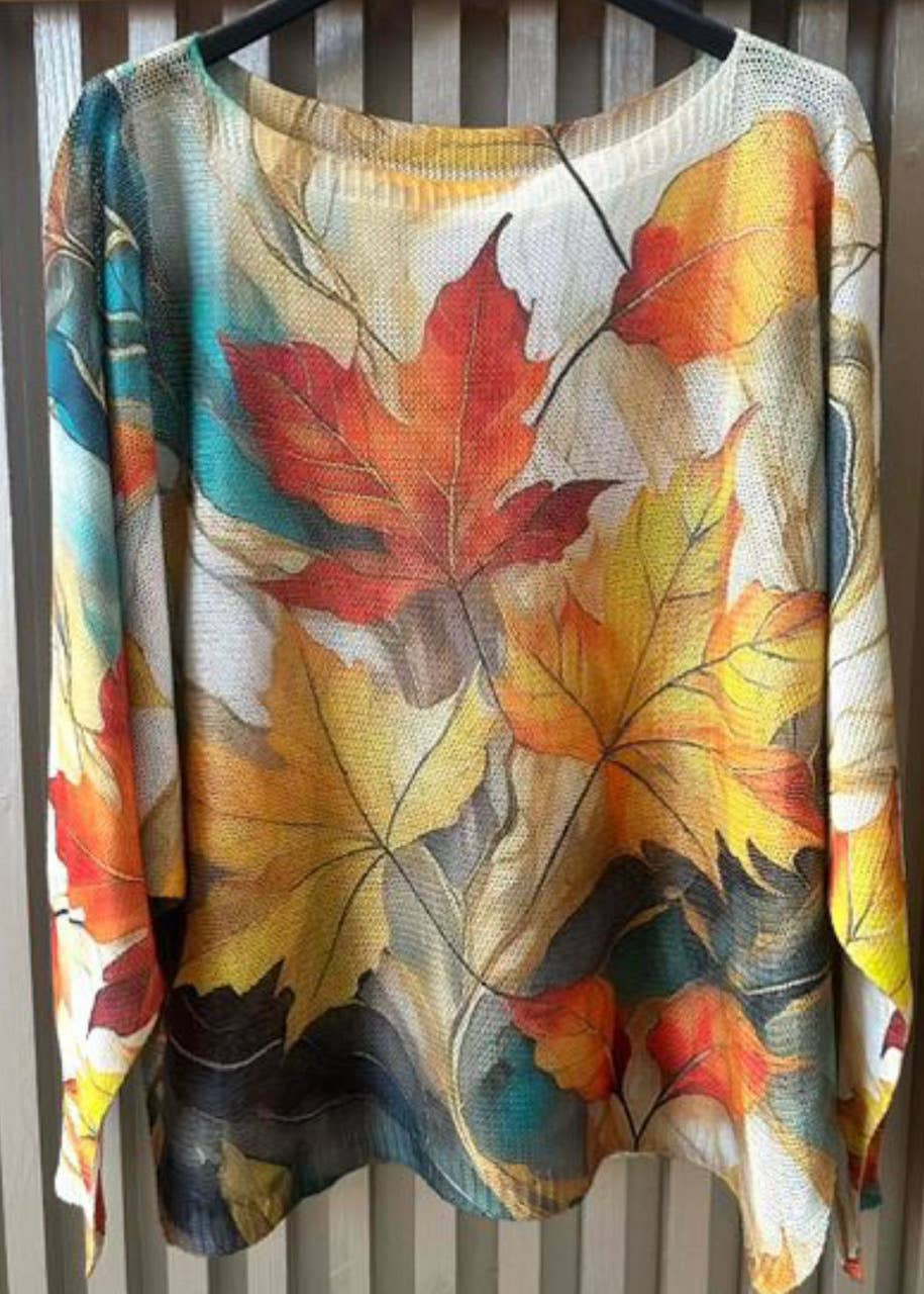 VIFAL Cream Fall Leaves Round Neck Knit Printed Sweater