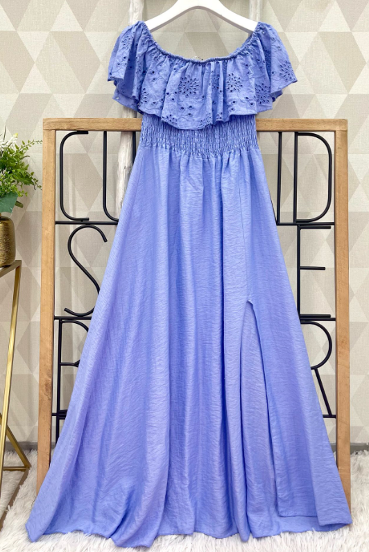SW512B Blue Off-the-Shoulder Ruffled Eyelet Maxi Dress