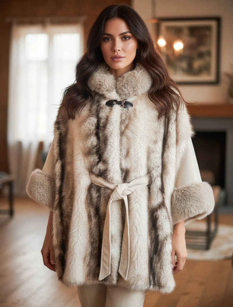 MCCACBE One Size Beige Faux Fur Belted Cape Contrast Pattern