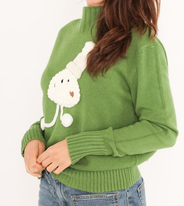 MC550 Pistachio Green Soft Sweater with Knitted Character