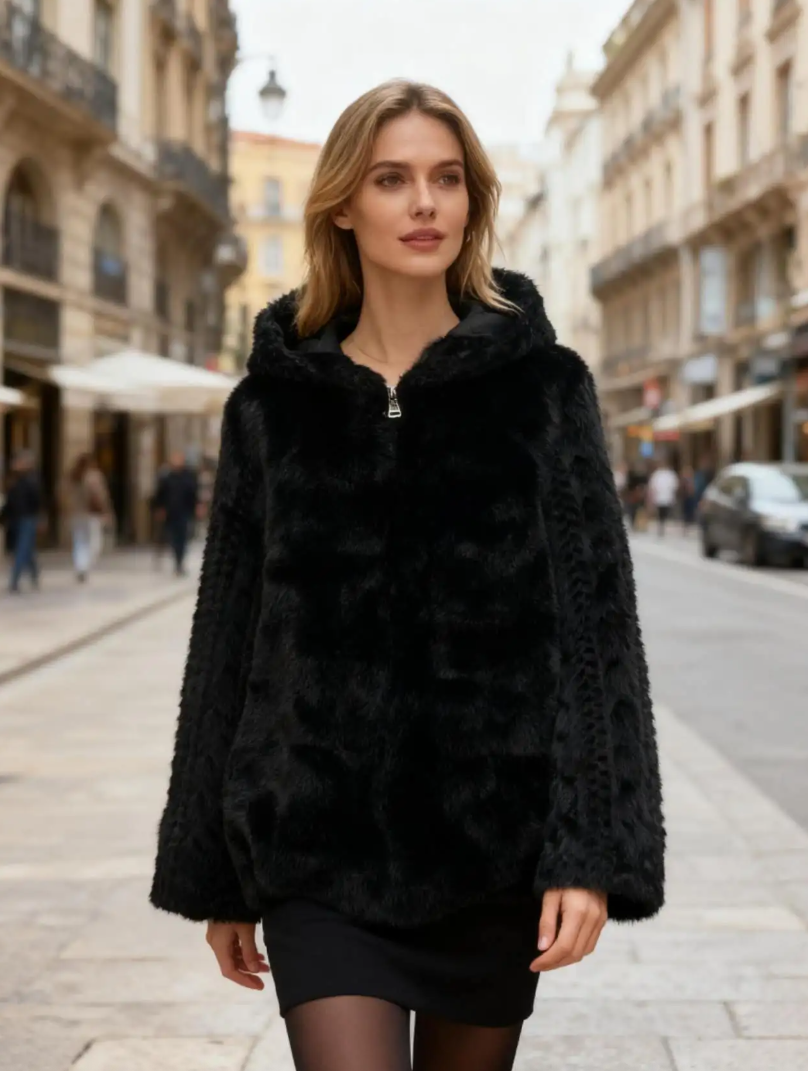 MCZJCH One Size Black Plush Hooded Faux Fur Zip Jacket