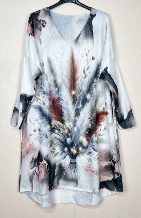 LTFE One Size Artistic Feather V-Neck Sweater Tunic Dress