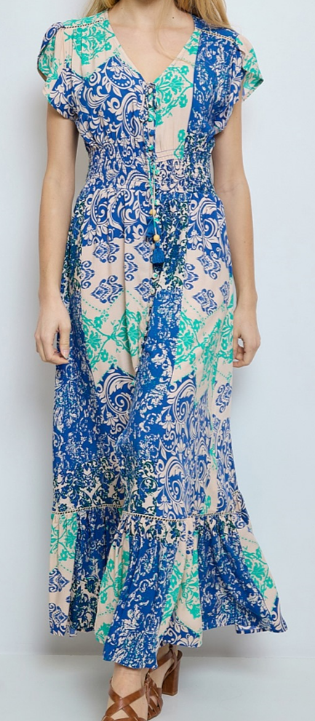 CIR106 Green Bohemian V-Neck Maxi Dress w/ Flutter Sleeves