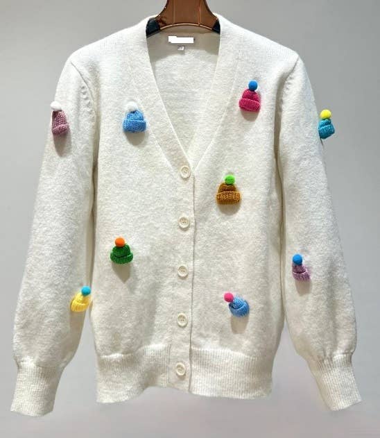 MC433 White Knitted Cardigan with Colorful Pom-Pom Accents