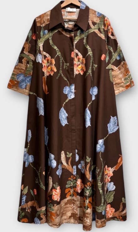 LFDB One Size Brown Cotton Floral Dress Made in Italy