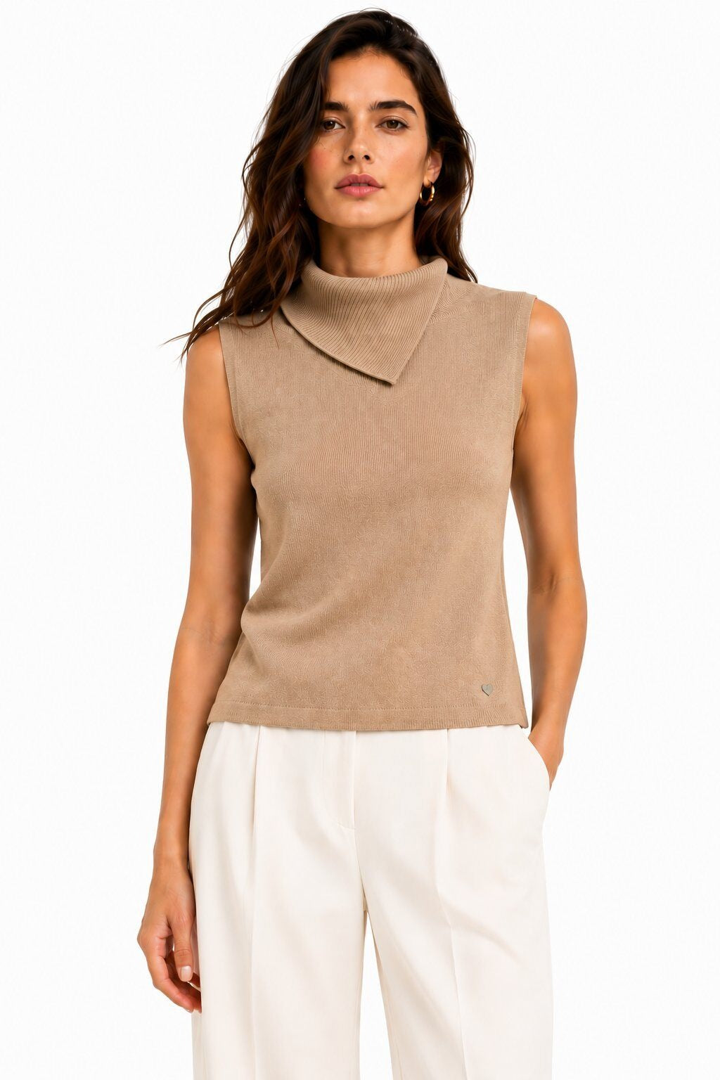 LUACT7 Camel Asymmetric Collar Top