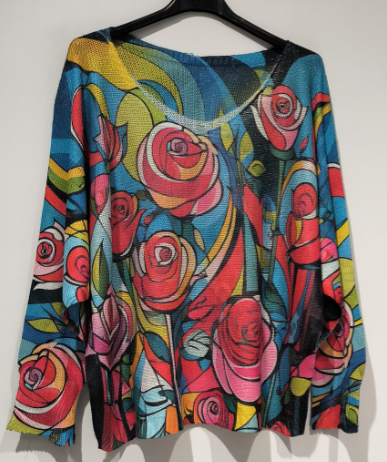 POROSE Blue Floral V-Neck Knit Printed Sweater LOOWIE