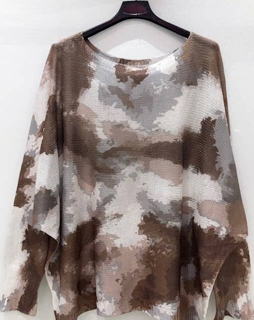 155 Choco Grey Abstract Round Knit Printed Sweater LOOWIE
