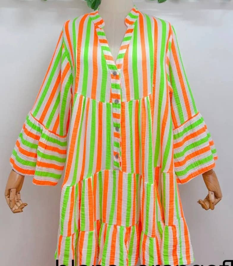 SVO43 Green One Size Italian Striped Short Printed Dress