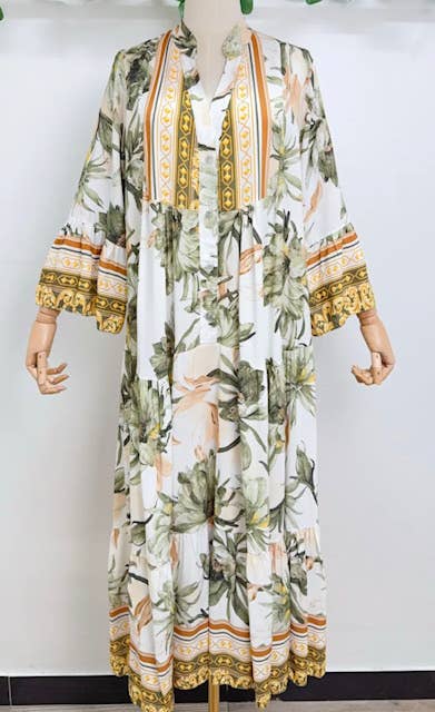 SVTO One Size Tropical Olive Floral Maxi Dress LOOWIE