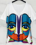 2126 "Picasso"  V-Neck Knit Printed Short Sleeves Sweater