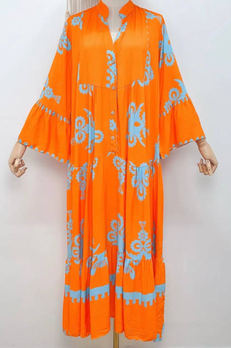 SV45D Italian One Size Orange Blue Tribal Maxi Dress LOOWIE