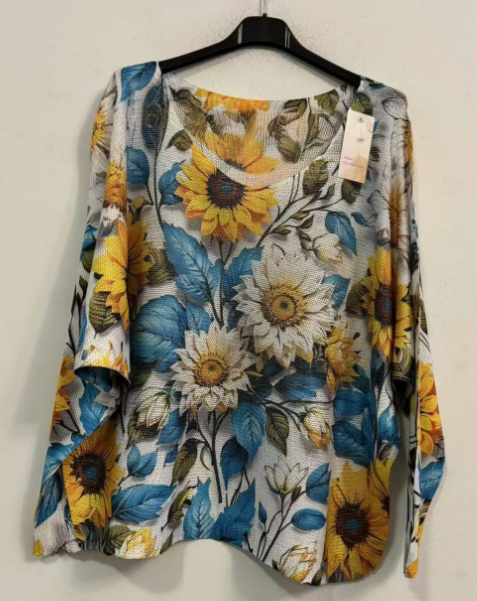 POSUN Yellow Sunflower  V-Neck Knit Printed Sweater LOOWIE