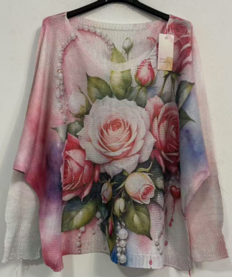 POROS Pink Roses V-Neck Knit Printed Sweater LOOWIE
