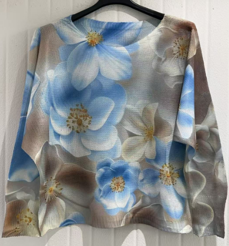 COBLU Blue Floral Round Knit Printed Sweater LOOWIE