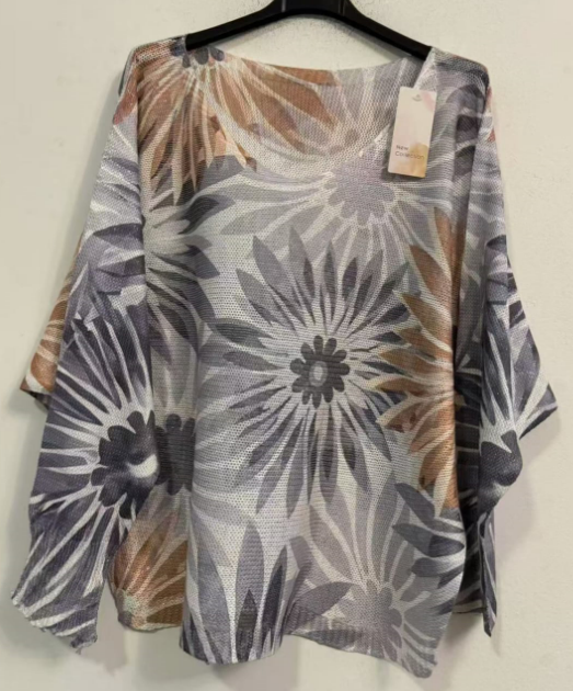 POGRA Gray Floral  V-Neck Knit Printed Sweater LOOWIE