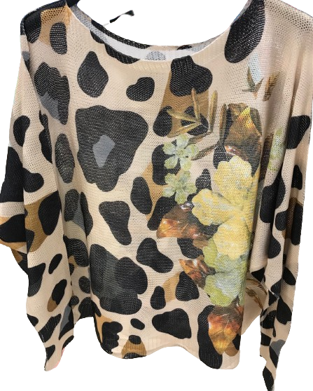 Z323 Leopard Floral Round Knit Printed Sweater LOOWIE