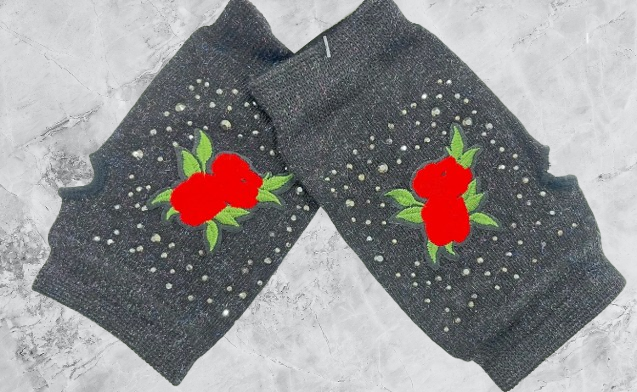 EURO Black Fun Fingerless Gloves w/Roses LOOWIE