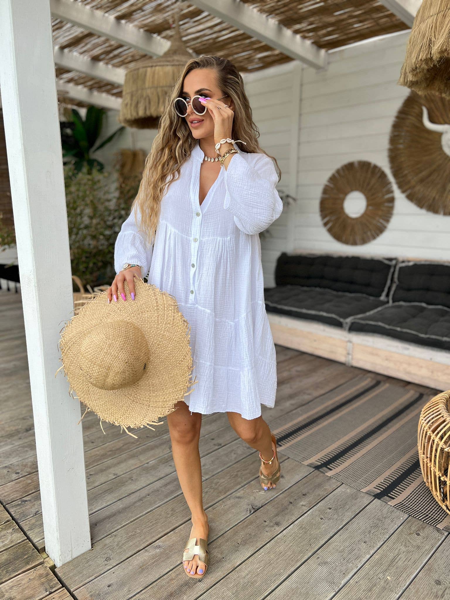 SW161 White Gauze Cotton Italian Short Dress 3/4 Sleeves