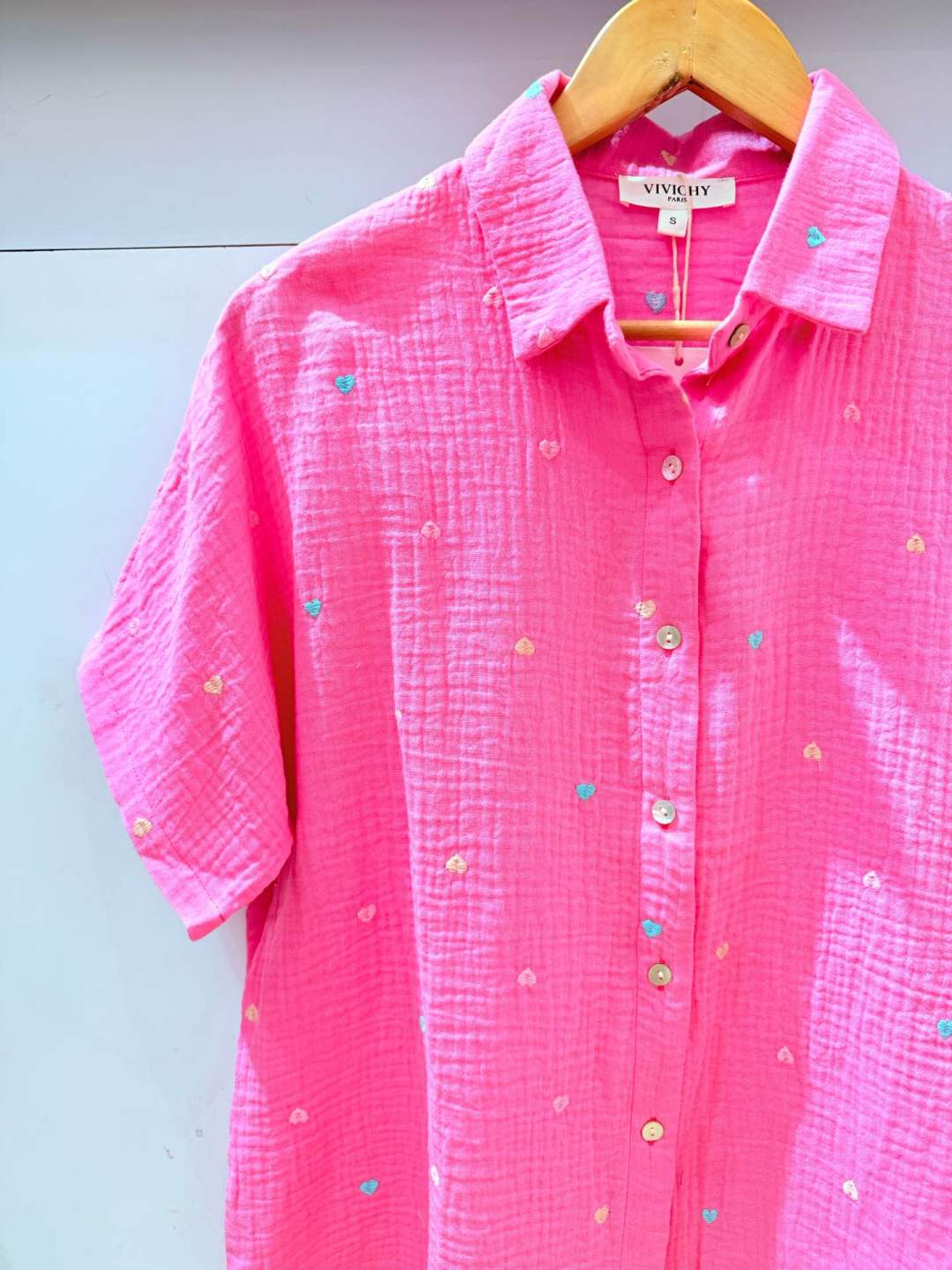 IVA283GTFU Gauze Cotton Heart Embroidered Shirt Plus Size Fuchsia