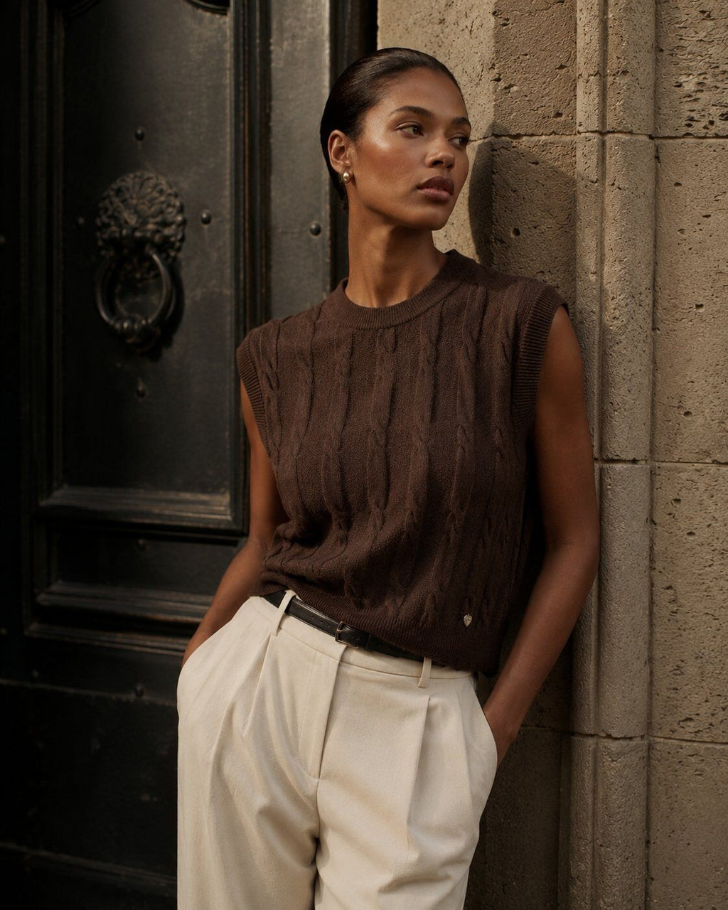 LUCKV1 Dark Brown Cable Knit Vest
