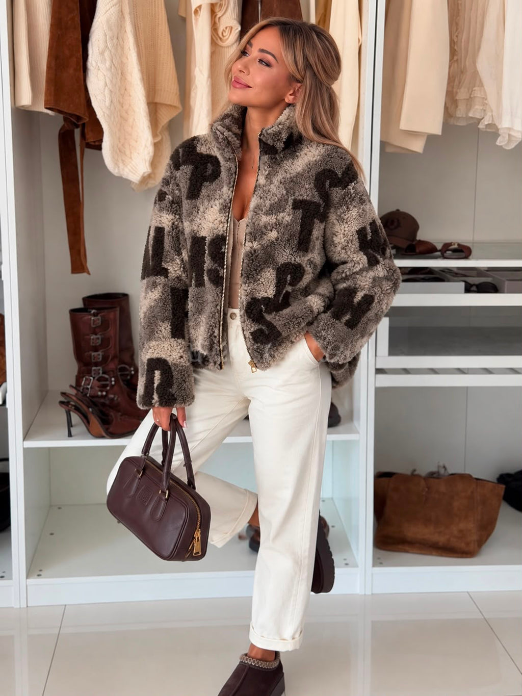 SWTJ4 Gray Letter Print Teddy Jacket