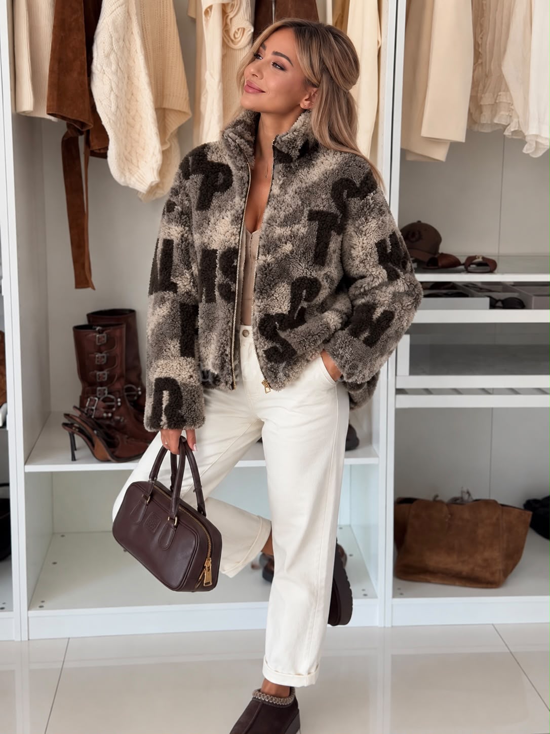 SWTJ4 Gray Letter Print Teddy Jacket