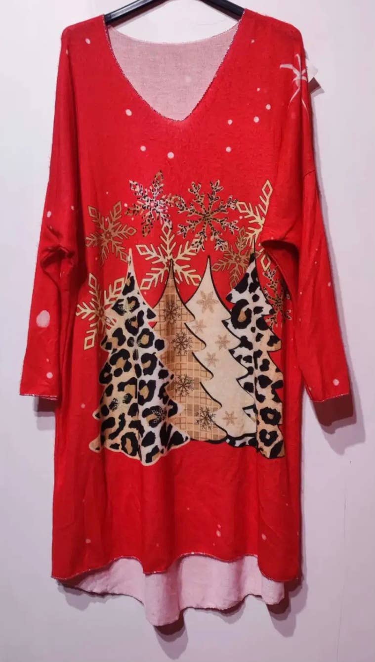 POTR One Size Red  Print V-Neck Cozy Sweater Tunic Dress