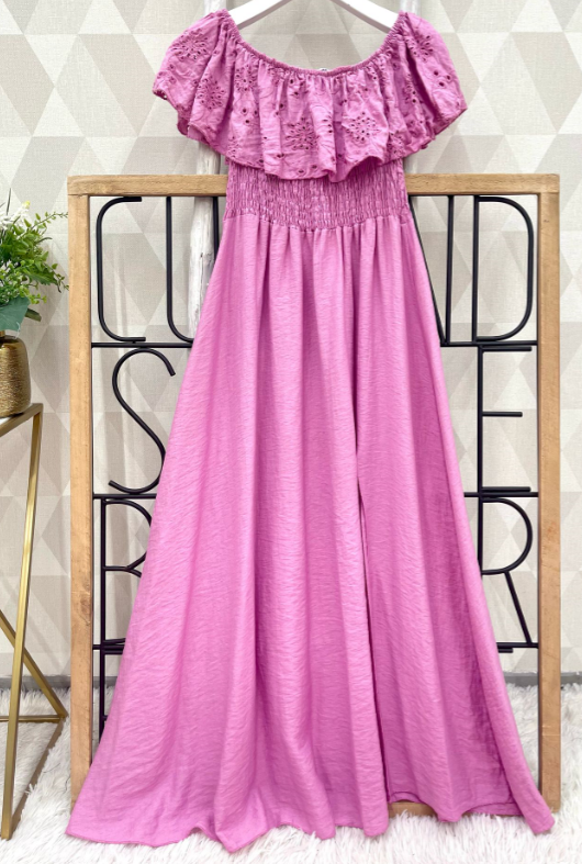 SW512M Mauve Off-the-Shoulder Ruffled Eyelet Maxi Dress