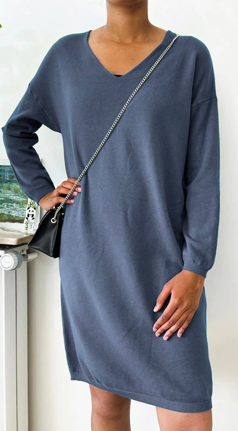 Z1021 Italian One Size Cozy Denim Sweater Dress LOOWIE