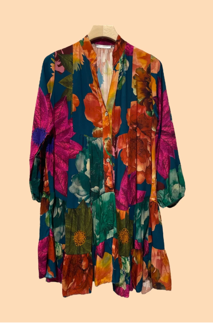 NBDBL One Size Blue Italian Floral Boho-Chic Viscose Dress