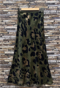 ESLSO Olive Leopard Satin Midi Skirt with Lace Trim Viscose
