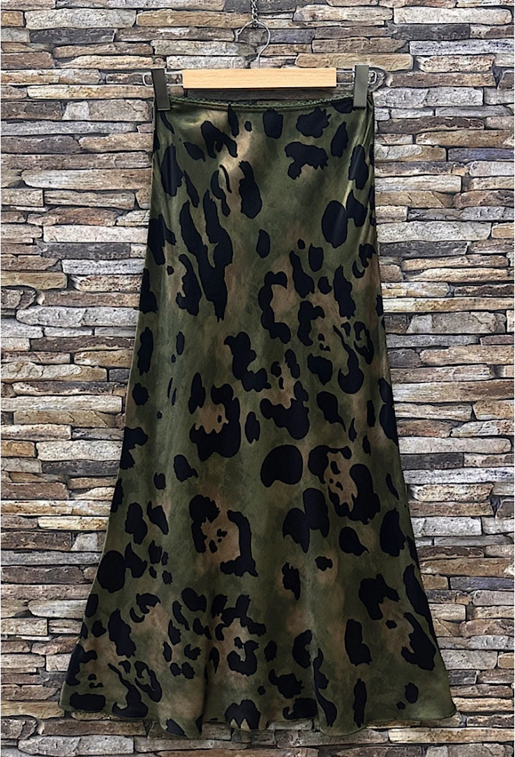 ESLSO Olive Leopard Satin Midi Skirt with Lace Trim Viscose