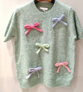 MC964 Green Soft Comfy Sweater Short Sleeves Bows LOOWIE