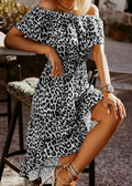 ISLEORB Italian Black Leopard Off Shoulder Ruffled Dress