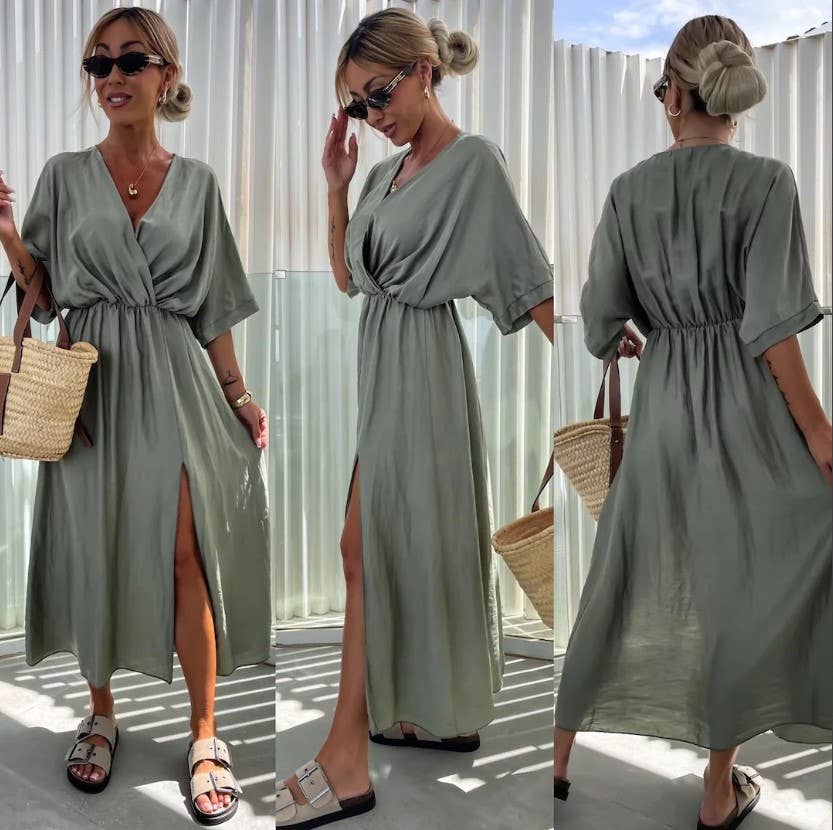 SW256 Olive Green Italian Wrap Maxi Summer Dress LOOWIE