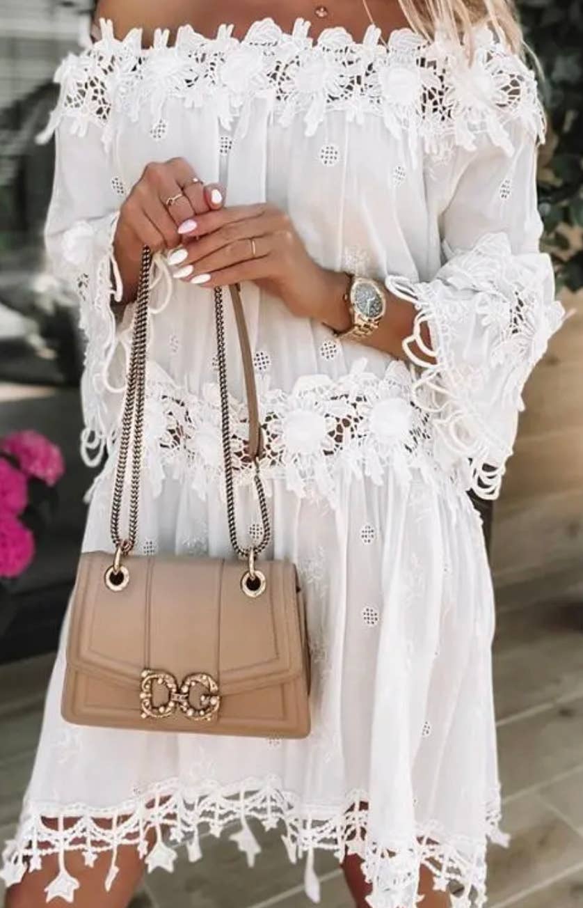 TD09 Italian White Lace Open Shoulder Viscose Dress