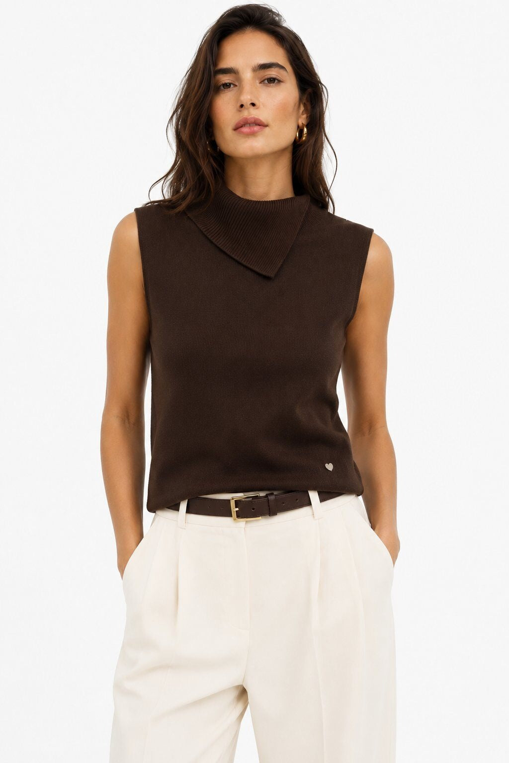 LUACT1 Dark Brown Asymmetric Collar Top