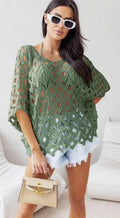 D026 Italian Olive Cotton Crochet Open Beach Top LOOWIE