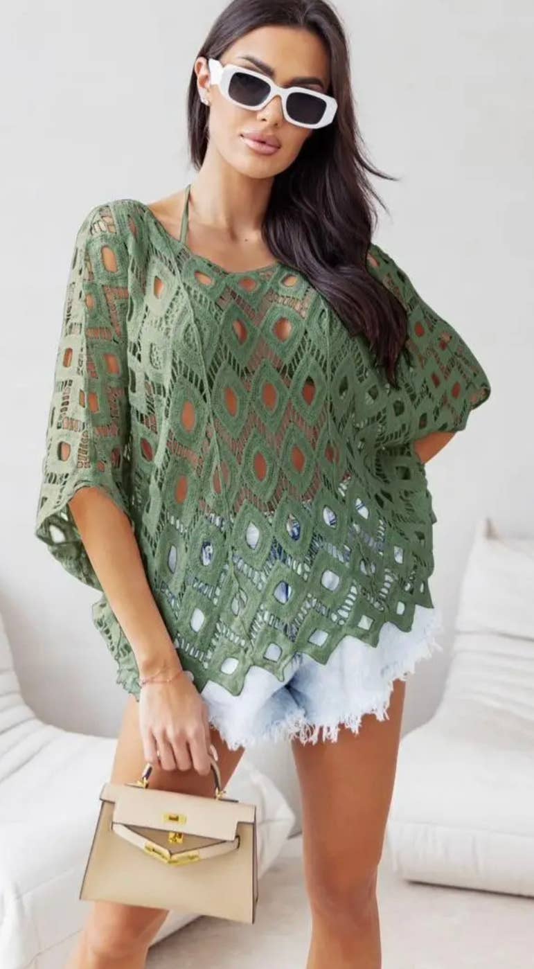 D026 Italian Olive Cotton Crochet Open Beach Top LOOWIE