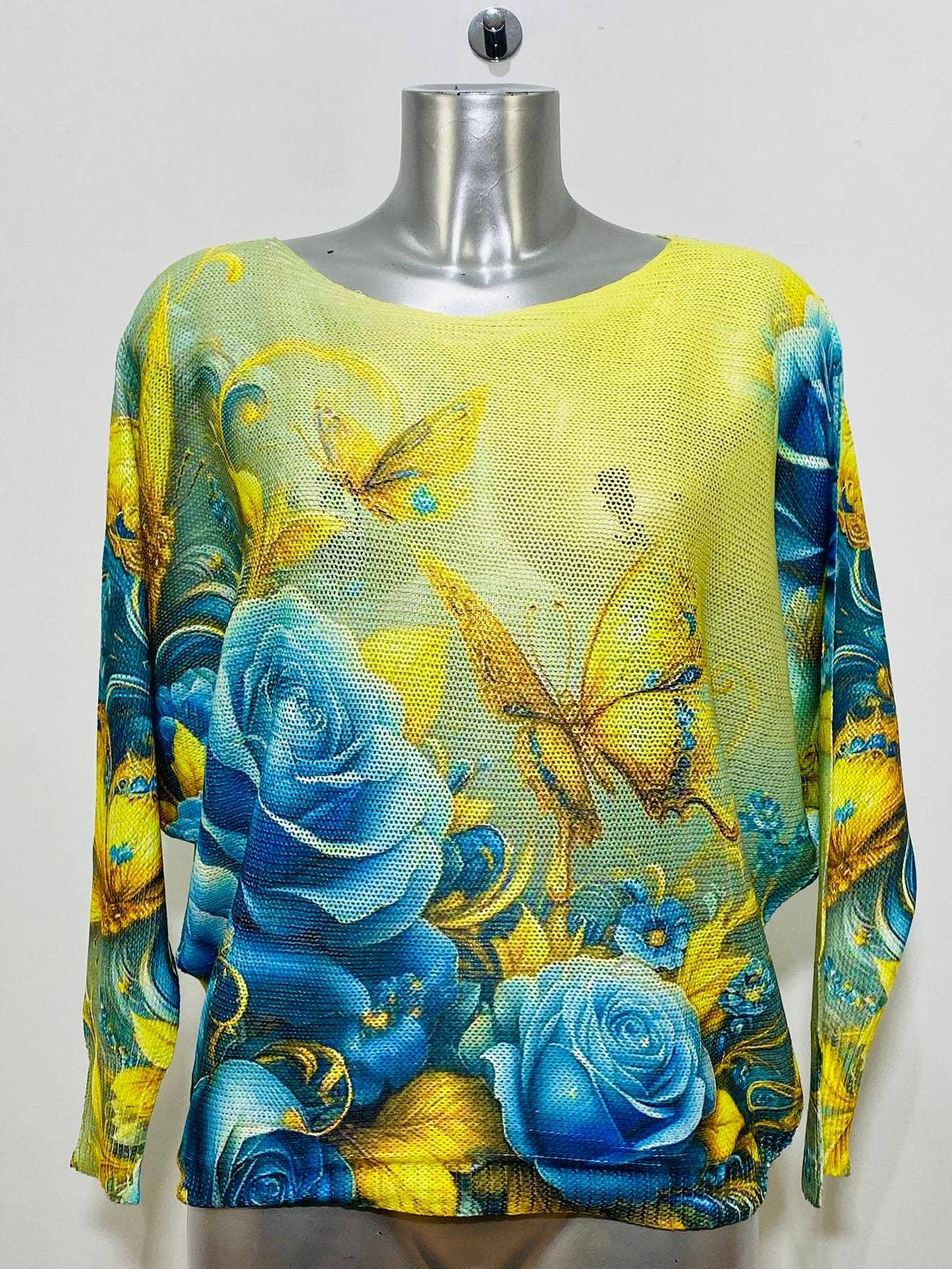CBUT Yellow Blue Butterfly Round Knit Printed Sweater