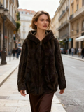 MCZJC One Size Choco Cable-Detail Hooded Faux Fur Zip Jacket