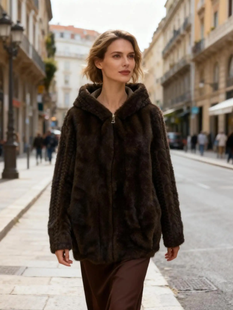 MCZJC One Size Choco Cable-Detail Hooded Faux Fur Zip Jacket