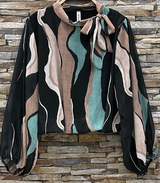 ELABB Italian One Size Black Abstract S/M Printed Blouse