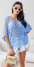 D027 Italian Blue Cotton Crochet Open Beach Top LOOWIE