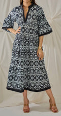 054 Black Cotton  Ikat Maxi Dress Short Sleeves LOOWIE