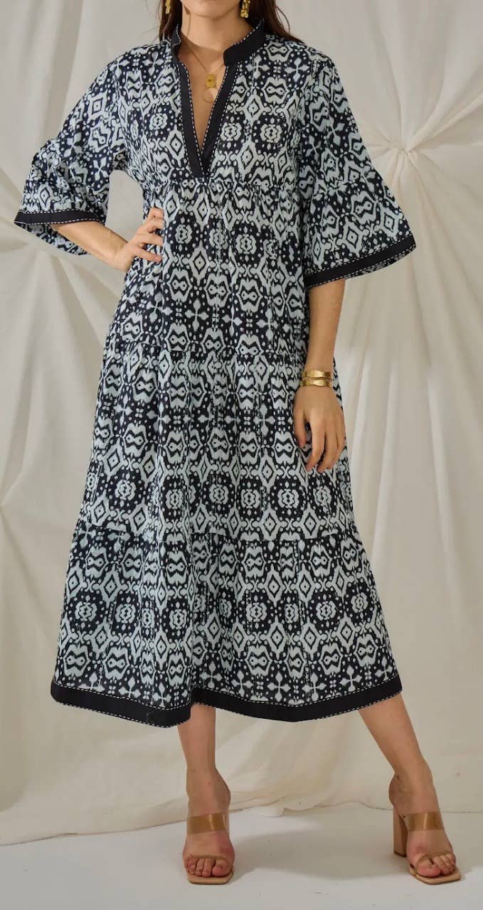 054 Black Cotton  Ikat Maxi Dress Short Sleeves LOOWIE