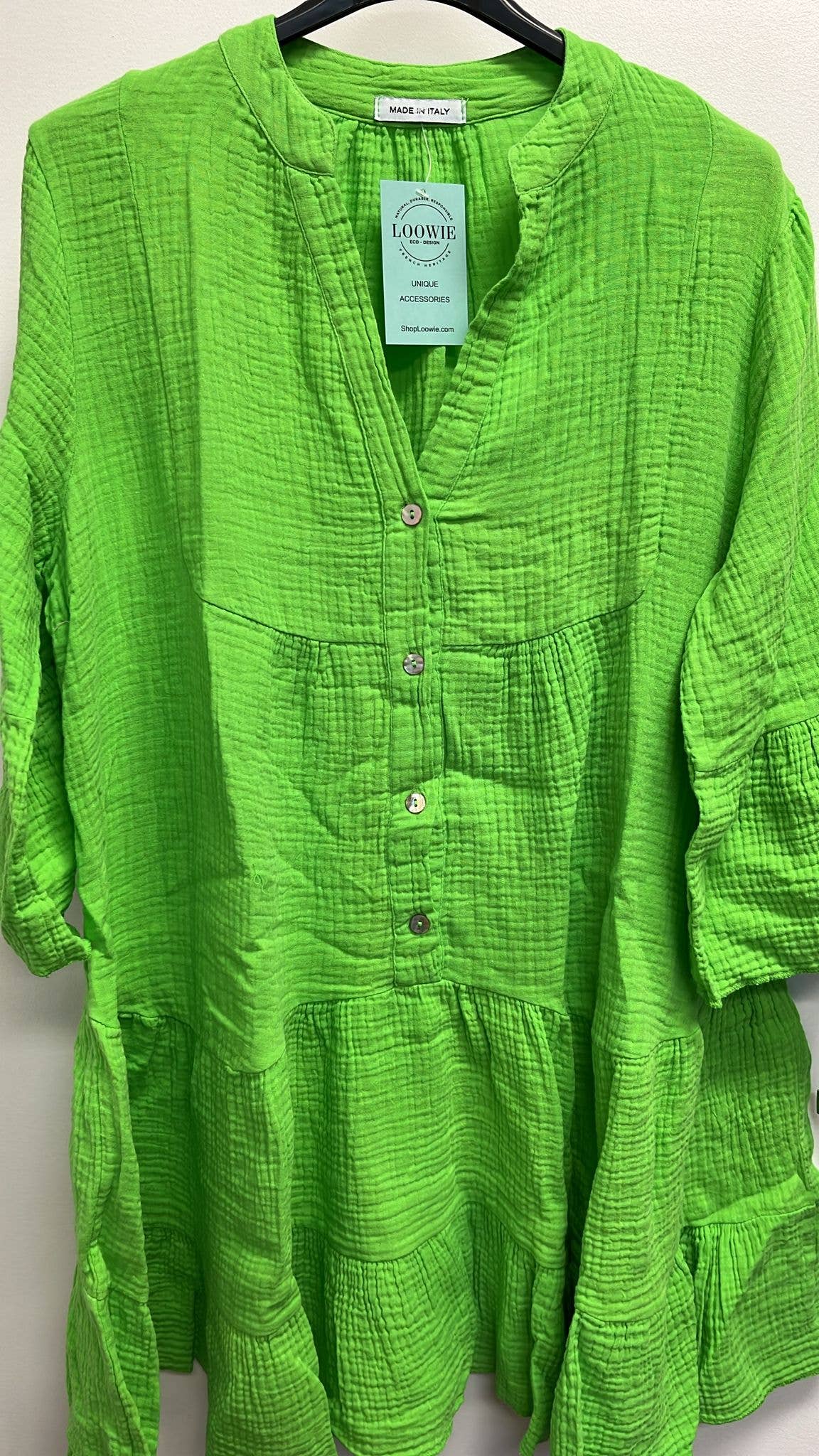 SW183 Green Gauze Cotton Italian Short Dress 3/4 Sleeves