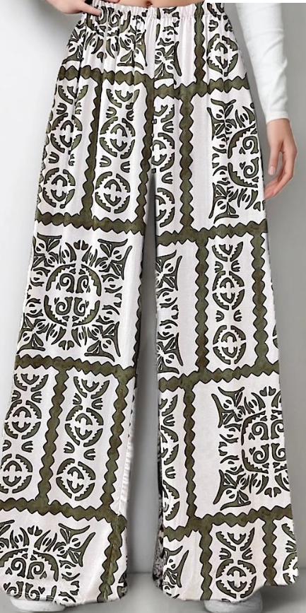 ELPIKO Italian Wide Legs Olive Ikat Summer Pants LOOWIE