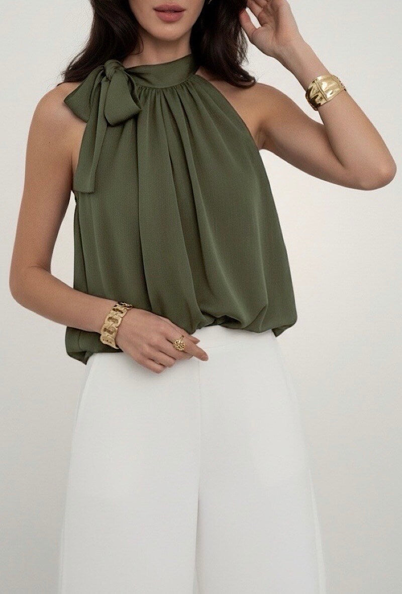ESABKH Anais Pussy Bow Blouse Khaki